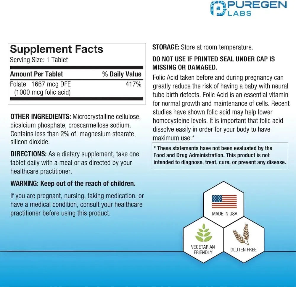 PUREGEN LABS - Puregen Labs Folic Acid 1000mcg 1000 Tabletas - The Red Vitamin MX - Suplementos Alimenticios - {{ shop.shopifyCountryName }}