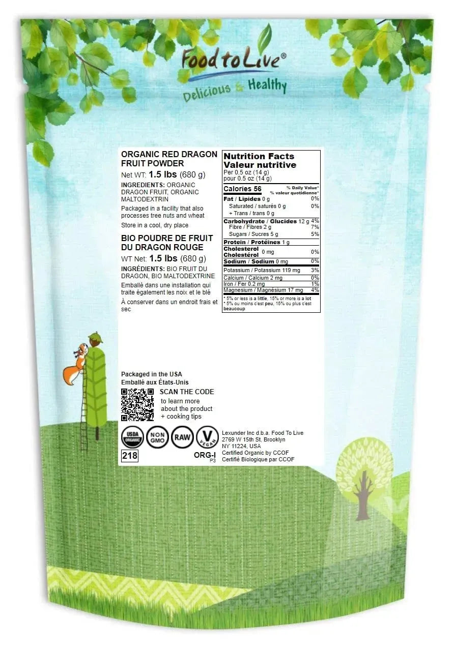 FOOD TO LIVE - Food to Live Organic Dragon Fruit Powder 1.5 Pounds - The Red Vitamin MX - Suplementos Alimenticios - {{ shop.shopifyCountryName }}