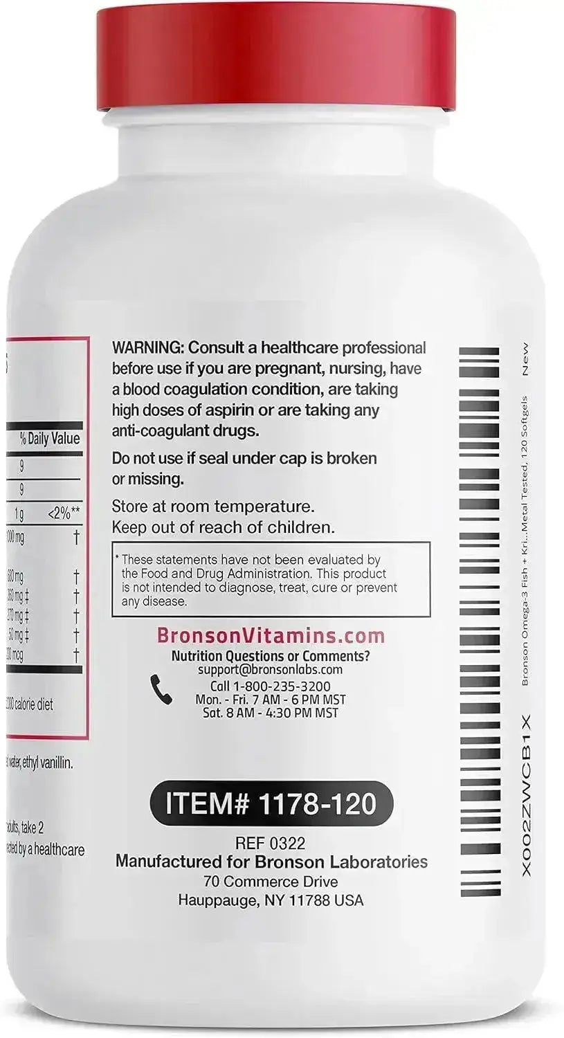 BRONSON - Bronson Omega-3 Fish + Krill Oil 1000Mg. 120 Capsulas Blandas - The Red Vitamin MX - Suplementos Alimenticios - {{ shop.shopifyCountryName }}