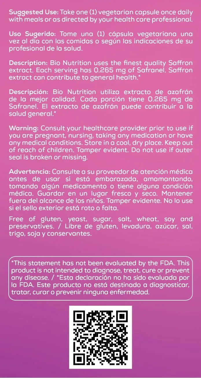 BIO NUTRITION - Bio Nutrition Saffron Extract 50 Capsulas - The Red Vitamin MX - Suplementos Alimenticios - {{ shop.shopifyCountryName }}