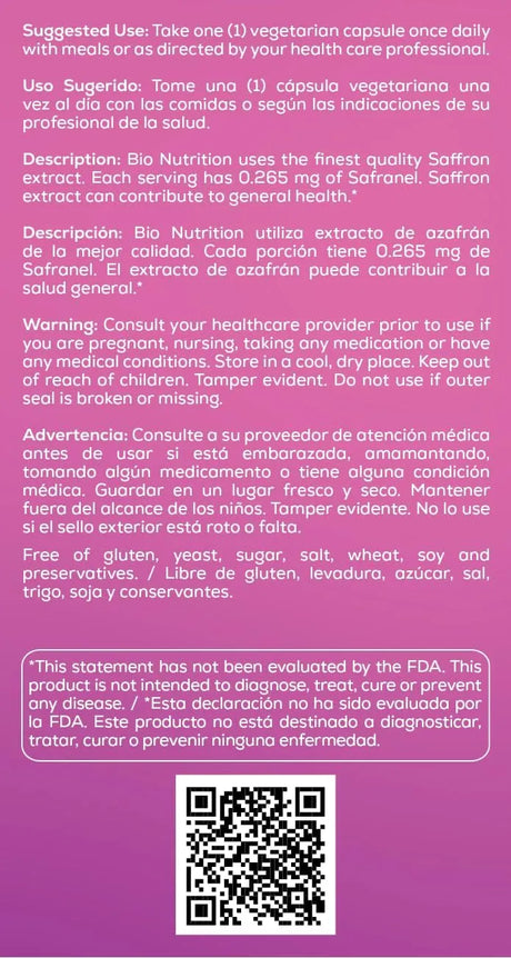 BIO NUTRITION - Bio Nutrition Saffron Extract 50 Capsulas - The Red Vitamin MX - Suplementos Alimenticios - {{ shop.shopifyCountryName }}