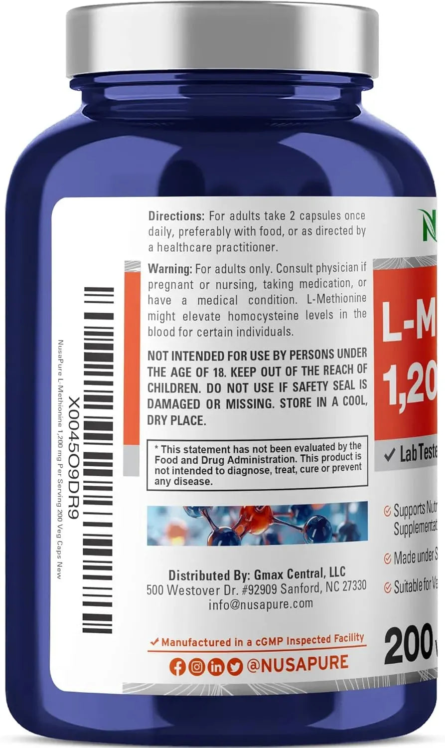 NUSAPURE - NusaPure L Methionine 1200Mg. 200 Capsulas - The Red Vitamin MX - Suplementos Alimenticios - {{ shop.shopifyCountryName }}