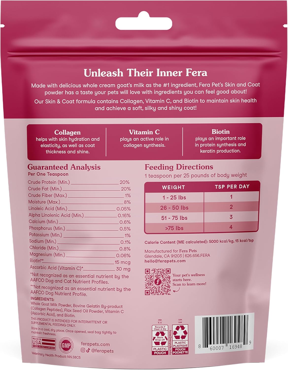 Fera Pet Organics Skin & Coat Goat Milk Cat & Dog 60 Servicios 180Gr.