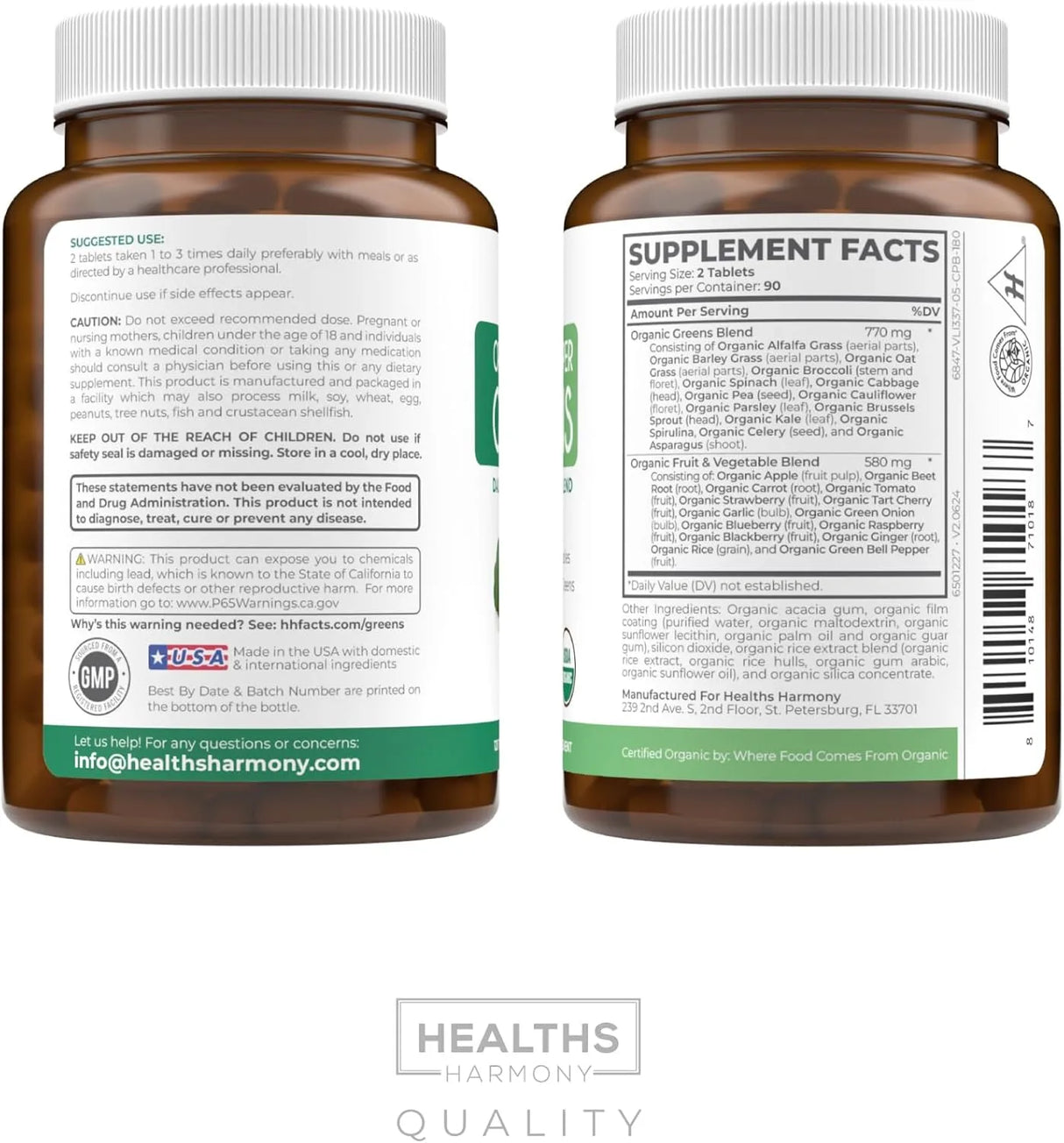 HEALTHS HARMONY - Healths Harmony USDA Organic Greens Powder 180 Tabletas - The Red Vitamin MX - Suplementos Alimenticios - {{ shop.shopifyCountryName }}