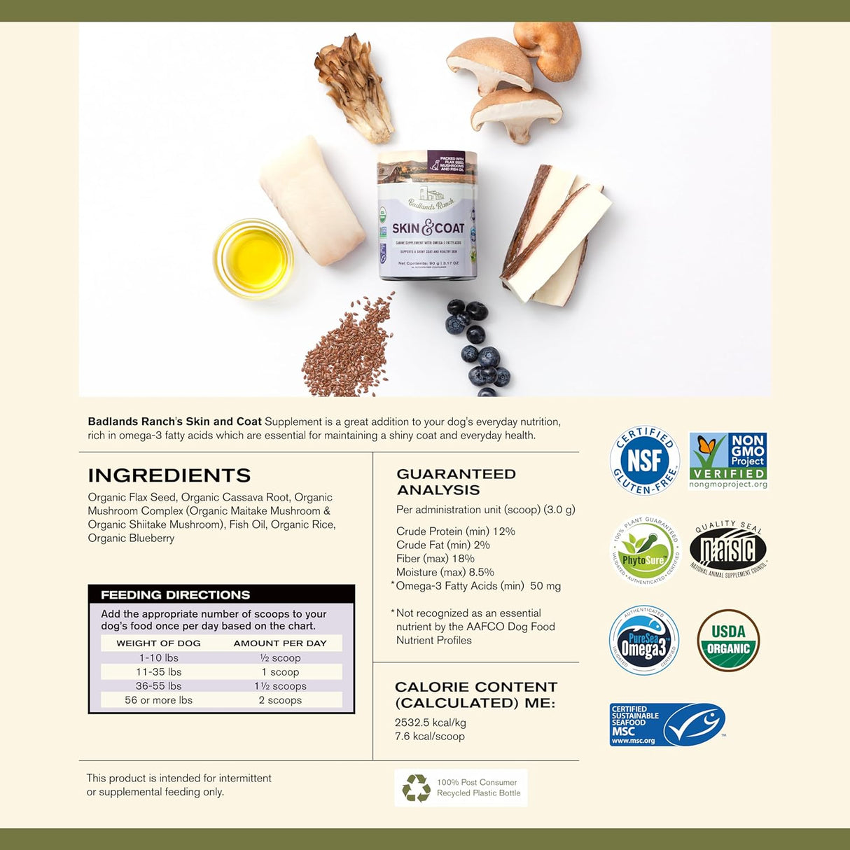 BADLANDS RANCH Skin & Coat Canine Supplement w/Omega-3 Fatty Acids 90Gr.