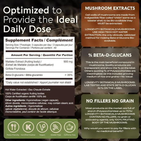 LONGEVITY BOTANICALS - Longevity Botanicals Organic Maitake Mushroom Extract 120 Capsulas - The Red Vitamin MX - Suplementos Alimenticios - {{ shop.shopifyCountryName }}