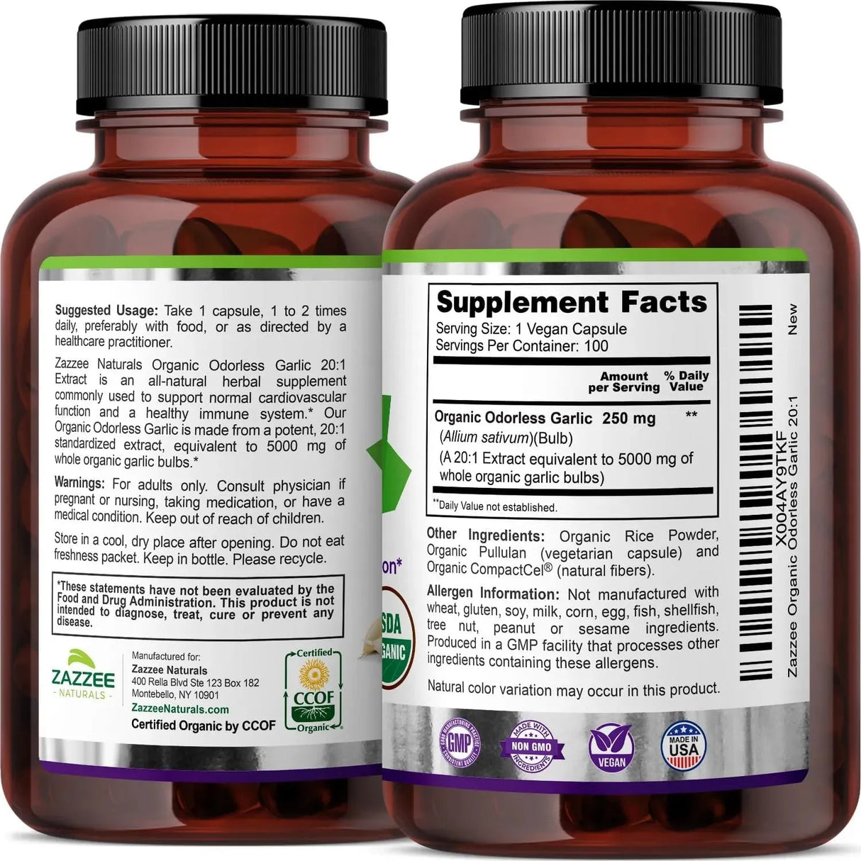 ZAZZEE NATURALS - Zazzee USDA Organic Odorless Garlic 20:1 Extract 100 Capsulas - The Red Vitamin MX - Suplementos Alimenticios - {{ shop.shopifyCountryName }}