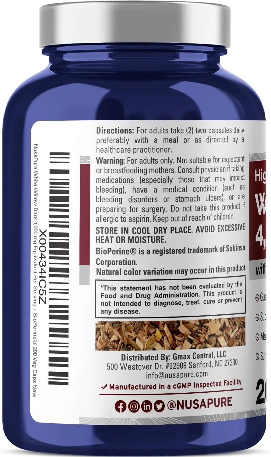NUSAPURE - NusaPure White Willow Bark 4000Mg. 200 Capsulas - The Red Vitamin MX - Suplementos Alimenticios - {{ shop.shopifyCountryName }}
