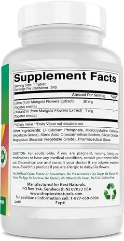 BEST NATURALS - Best Naturals Lutein 20Mg. with Zeaxanthin 240 Tabletas - The Red Vitamin MX - Suplementos Alimenticios - {{ shop.shopifyCountryName }}