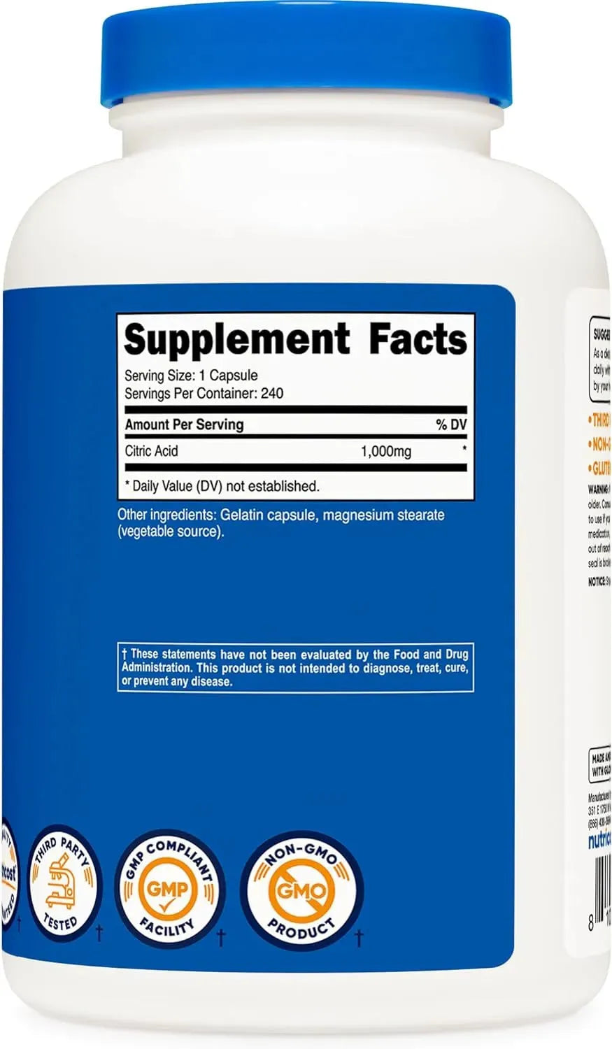 NUTRICOST - Nutricost Citric Acid 1000Mg. 240 Capsulas - The Red Vitamin MX - Suplementos Alimenticios - {{ shop.shopifyCountryName }}