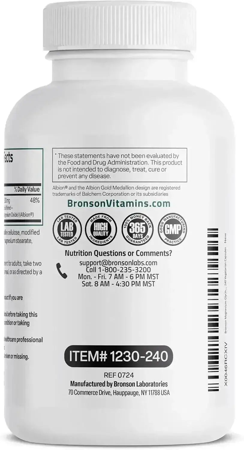 BRONSON - Bronson Magnesium Glycinate 200Mg. 240 Capsulas - The Red Vitamin MX - Suplementos Alimenticios - {{ shop.shopifyCountryName }}