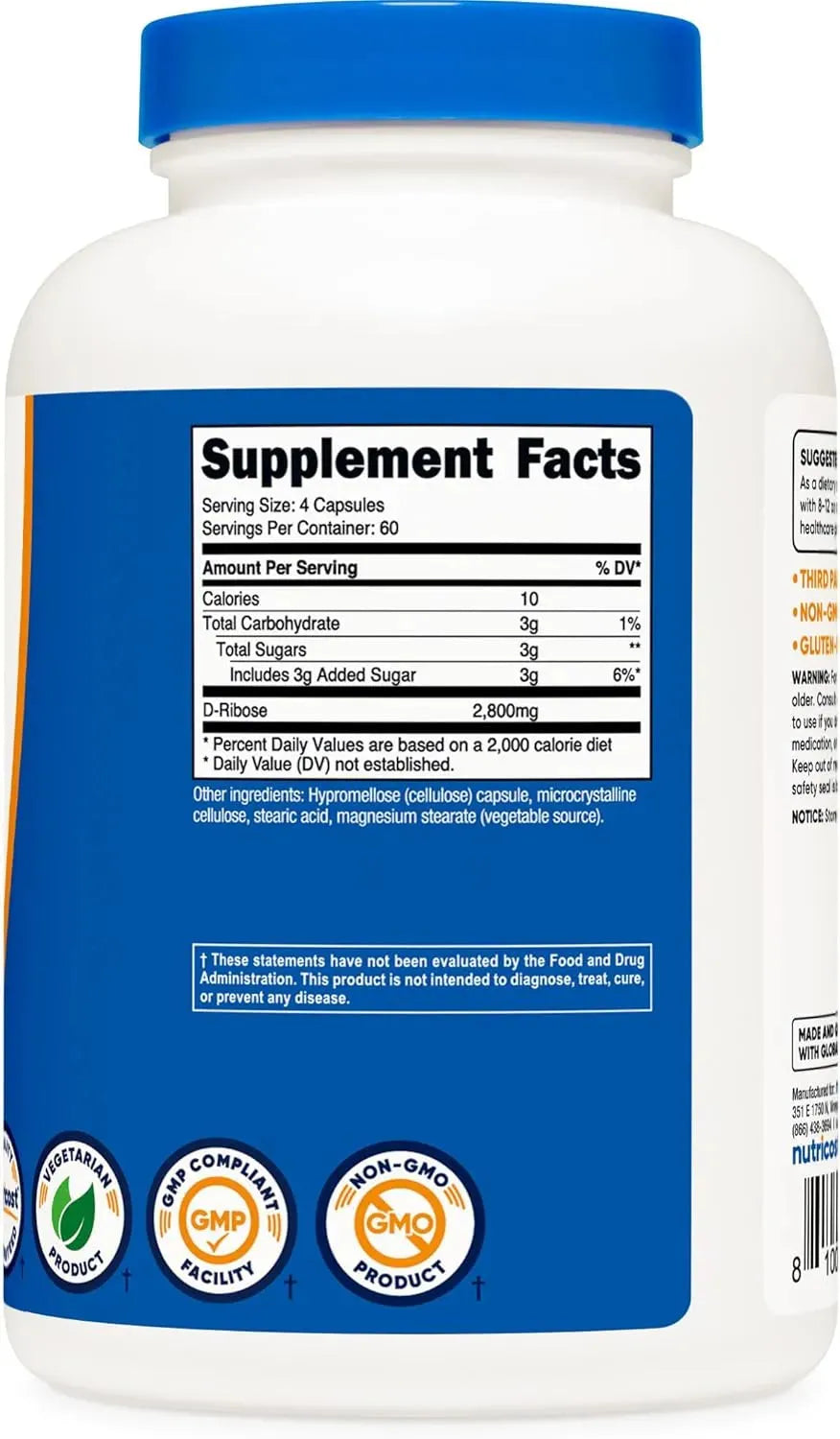 NUTRICOST - Nutricost D-Ribose 700Mg. 240 Capsulas - The Red Vitamin MX - Suplementos Alimenticios - {{ shop.shopifyCountryName }}