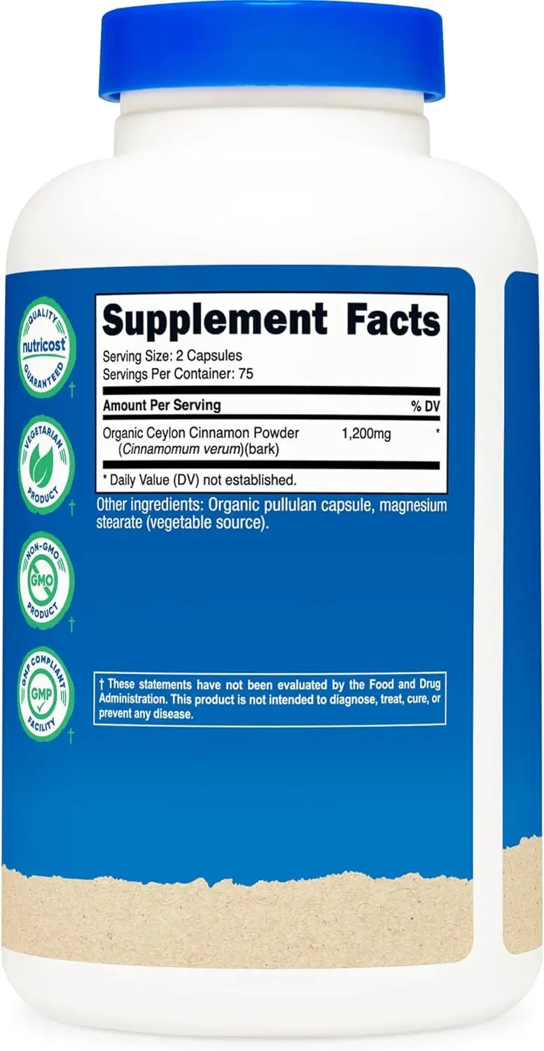 NUTRICOST - Nutricost Organic Cinnamon 1200Mg. 150 Capsulas - The Red Vitamin MX - Suplementos Alimenticios - {{ shop.shopifyCountryName }}