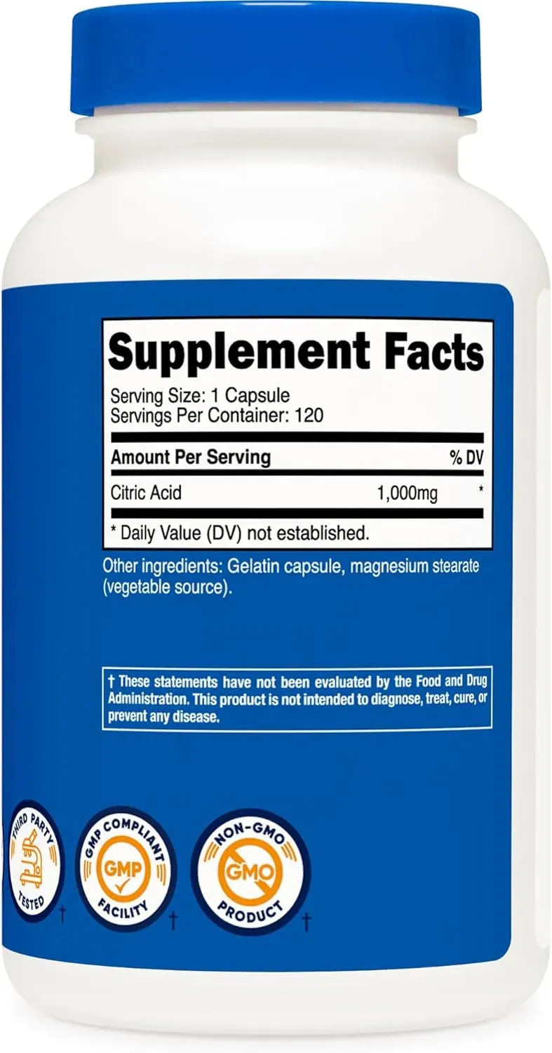 NUTRICOST - Nutricost Citric Acid 1000Mg. 120 Capsulas - The Red Vitamin MX - Suplementos Alimenticios - {{ shop.shopifyCountryName }}