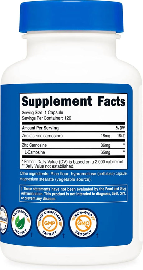 NUTRICOST - Nutricost Zinc Carnosine 86Mg. 120 Capsulas - The Red Vitamin MX - Suplementos Alimenticios - {{ shop.shopifyCountryName }}