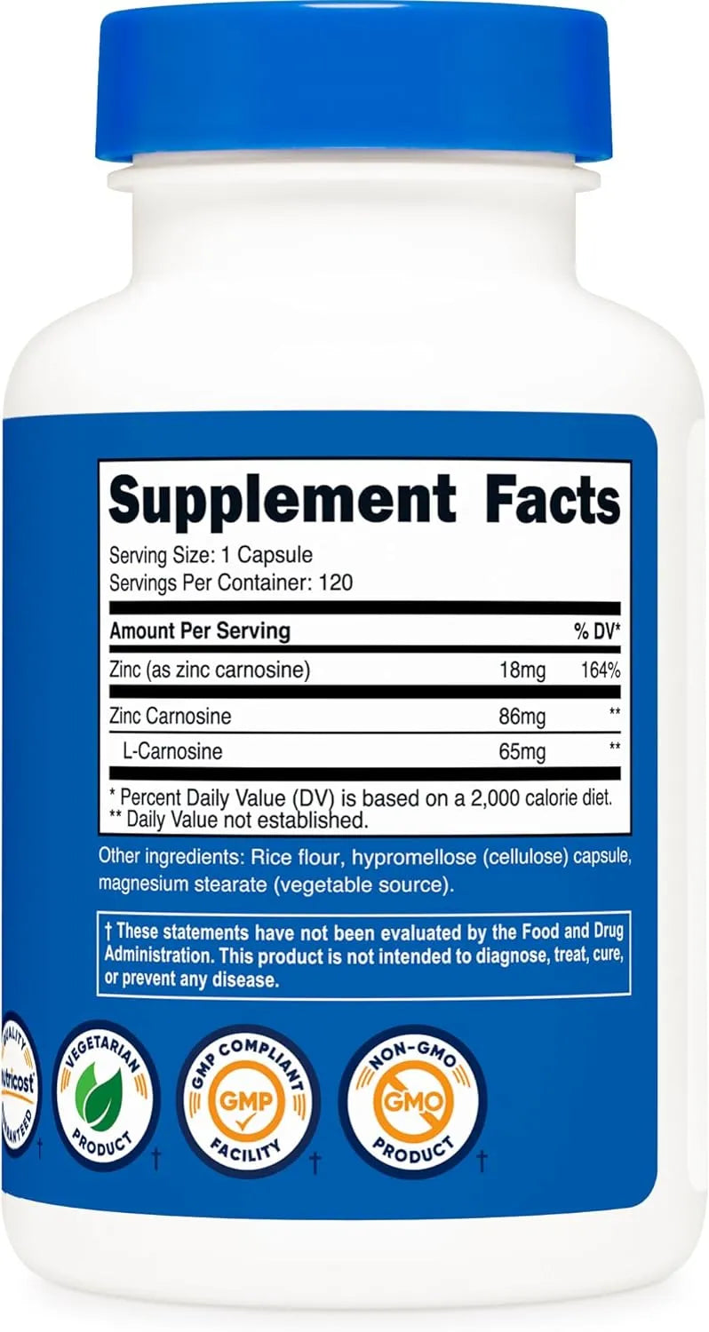 NUTRICOST - Nutricost Zinc Carnosine 86Mg. 120 Capsulas - The Red Vitamin MX - Suplementos Alimenticios - {{ shop.shopifyCountryName }}