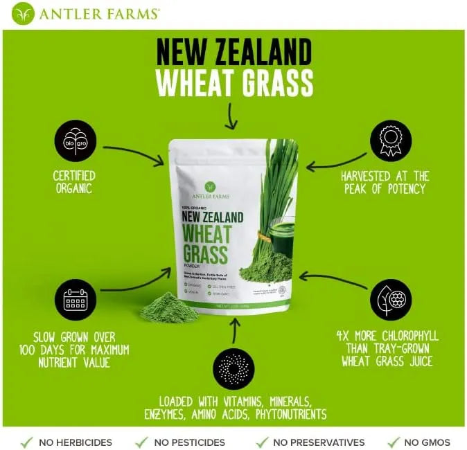 ANTLER FARMS - Antler Farms 100% Pure Organic New Zealand Wheatgrass Powder 40 Servicios 200Gr. - The Red Vitamin MX - Suplementos Alimenticios - {{ shop.shopifyCountryName }}