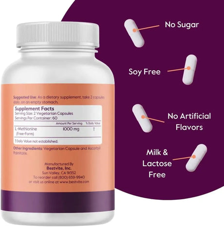 BESTVITE - BESTVITE L-Methionine 500Mg. 120 Capsulas 2 Pack - The Red Vitamin MX - Suplementos Alimenticios - {{ shop.shopifyCountryName }}