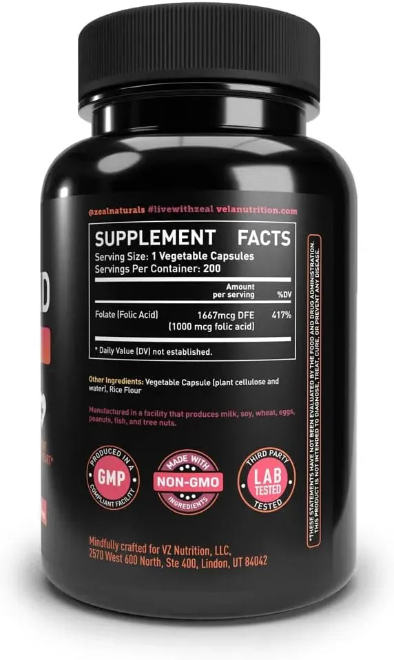 VELA NUTRITION - Vela Folic Acid 1000mcg 200 Capsulas - The Red Vitamin MX - Suplementos Alimenticios - {{ shop.shopifyCountryName }}