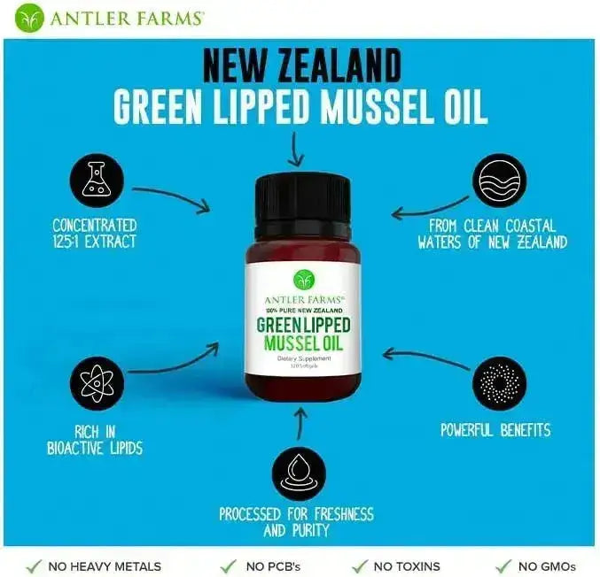 ANTLER FARMS - Antler Farms 100% Pure New Zealand Green Lipped Mussel Oil 120 Capsulas Blandas - The Red Vitamin MX - Suplementos Alimenticios - {{ shop.shopifyCountryName }}