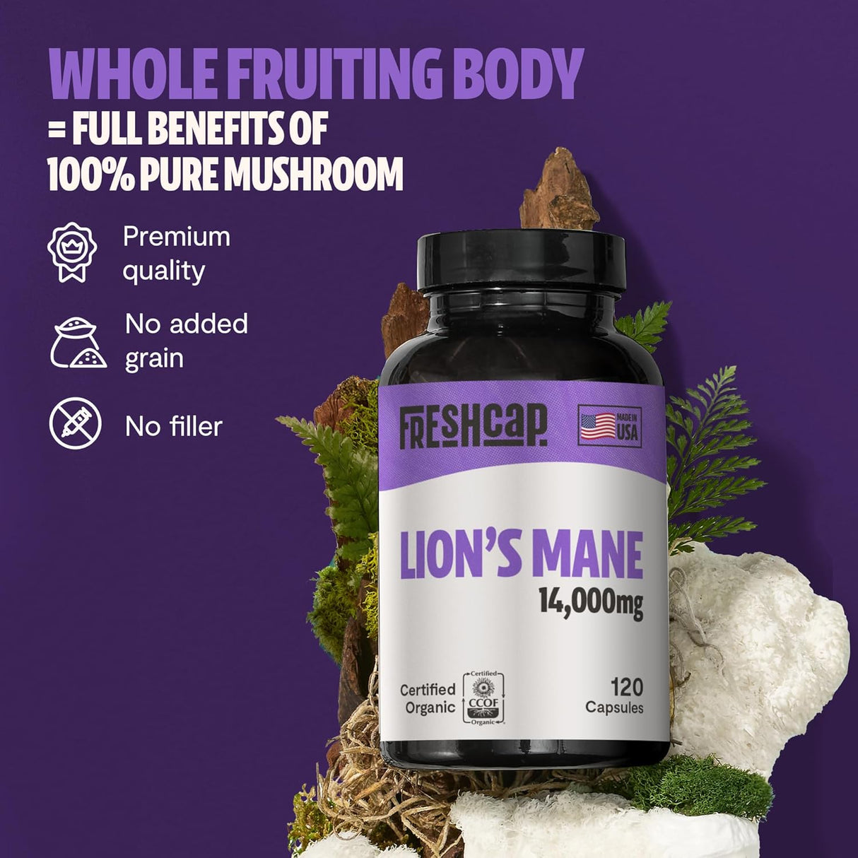 FreshCap Lion's Mane Mushroom Supplement 1400Mg. 120 Capsulas