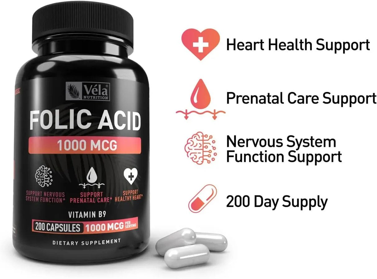 VELA NUTRITION - Vela Folic Acid 1000mcg 200 Capsulas - The Red Vitamin MX - Suplementos Alimenticios - {{ shop.shopifyCountryName }}