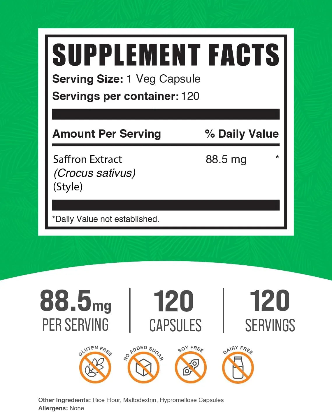 BULK SUPPLEMENTS - Bulk Supplements Saffron Extract 88.5Mg. 120 Capsulas - The Red Vitamin MX - Suplementos Alimenticios - {{ shop.shopifyCountryName }}
