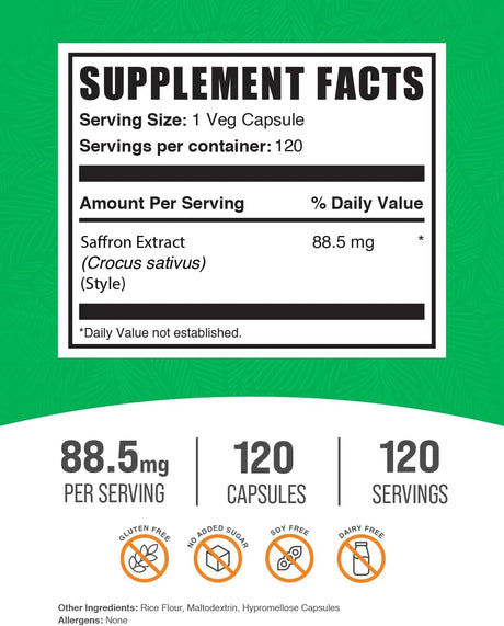 BULK SUPPLEMENTS - Bulk Supplements Saffron Extract 88.5Mg. 120 Capsulas - The Red Vitamin MX - Suplementos Alimenticios - {{ shop.shopifyCountryName }}