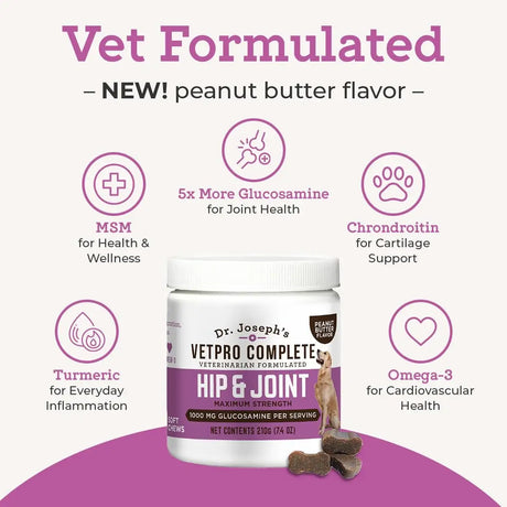 DR. JOSEPH'S - Dr. Joseph's VetPro Complete Dog Hip and Joint Peanut Butter Flavored 60 Masticables - The Red Vitamin MX - Cuidado De Cadera Y Articulaciones Para Perros - {{ shop.shopifyCountryName }}