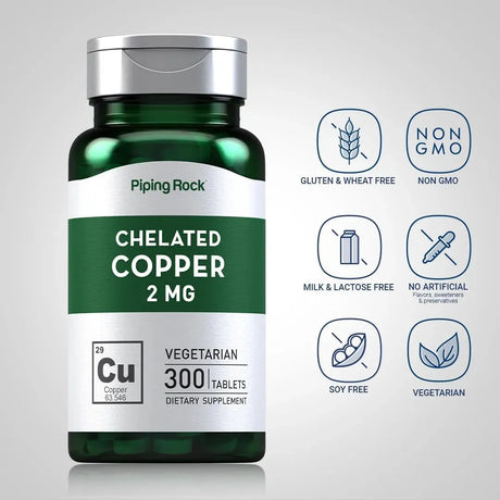 PIPING ROCK - Piping Rock Chelated Copper 2Mg. 300 Tabletas - The Red Vitamin MX - Suplementos Alimenticios - {{ shop.shopifyCountryName }}