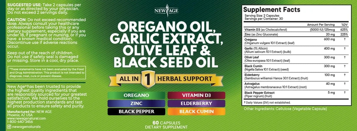 NEW AGE - NEW AGE Oregano Oil Garlic Extract Olive Leaf with Astragalus 60 Capsulas - The Red Vitamin MX - Suplementos Alimenticios - {{ shop.shopifyCountryName }}