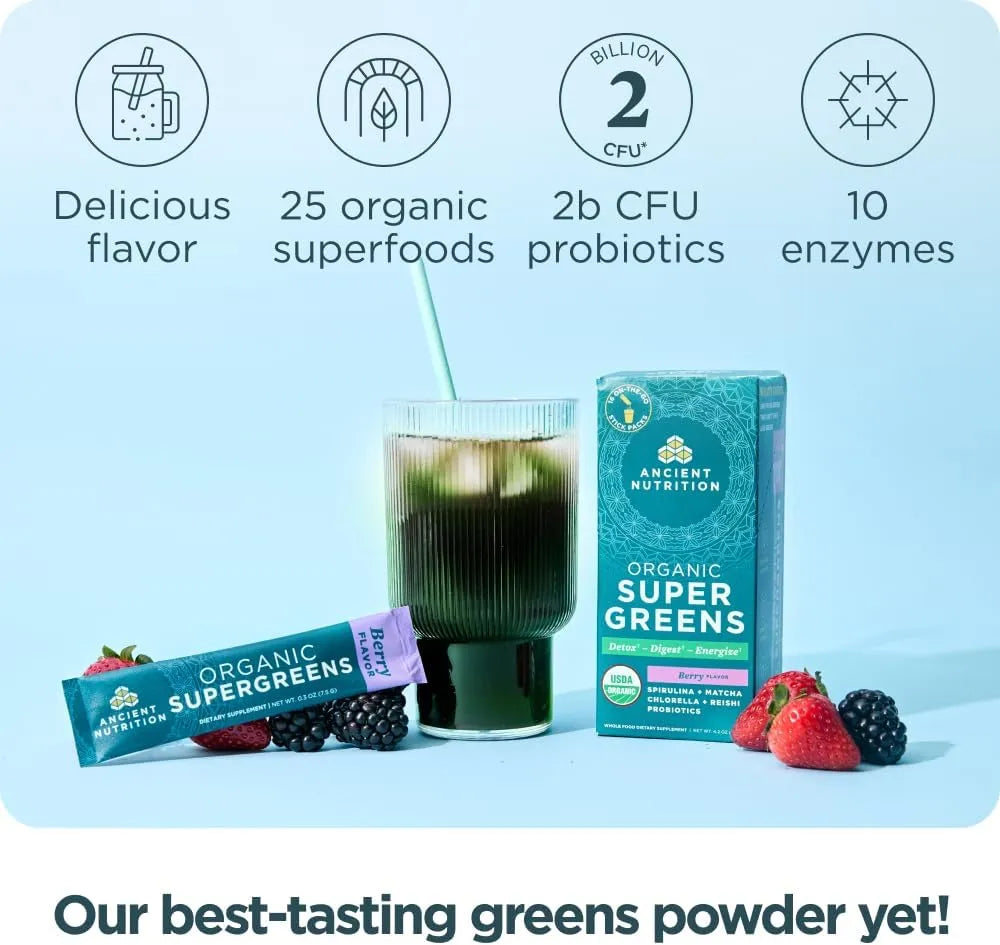 ANCIENT NUTRITION - Ancient Nutrition SuperGreens Powder with Probiotics Organic Berry Flavor 16 Paquetes - The Red Vitamin MX - Suplementos Alimenticios - {{ shop.shopifyCountryName }}