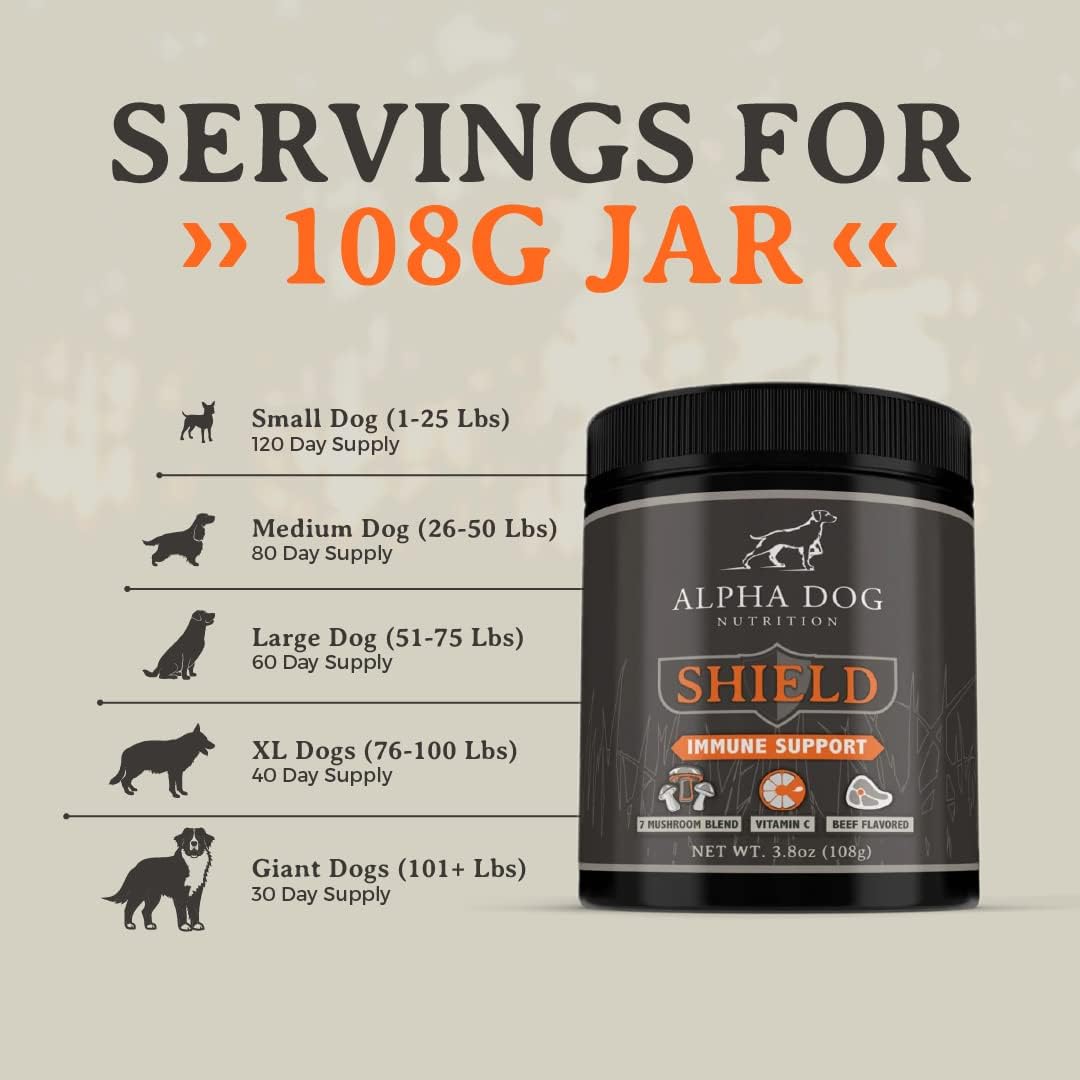 ALPHA DOG NUTRITION - Alpha Dog Nutrition Shield Allergy Immune Support 7 Nutritional Mushroom Powder Complex + Vitamin C 108Gr. - The Red Vitamin MX - Suplementos Herbales Para Perros - {{ shop.shopifyCountryName }}