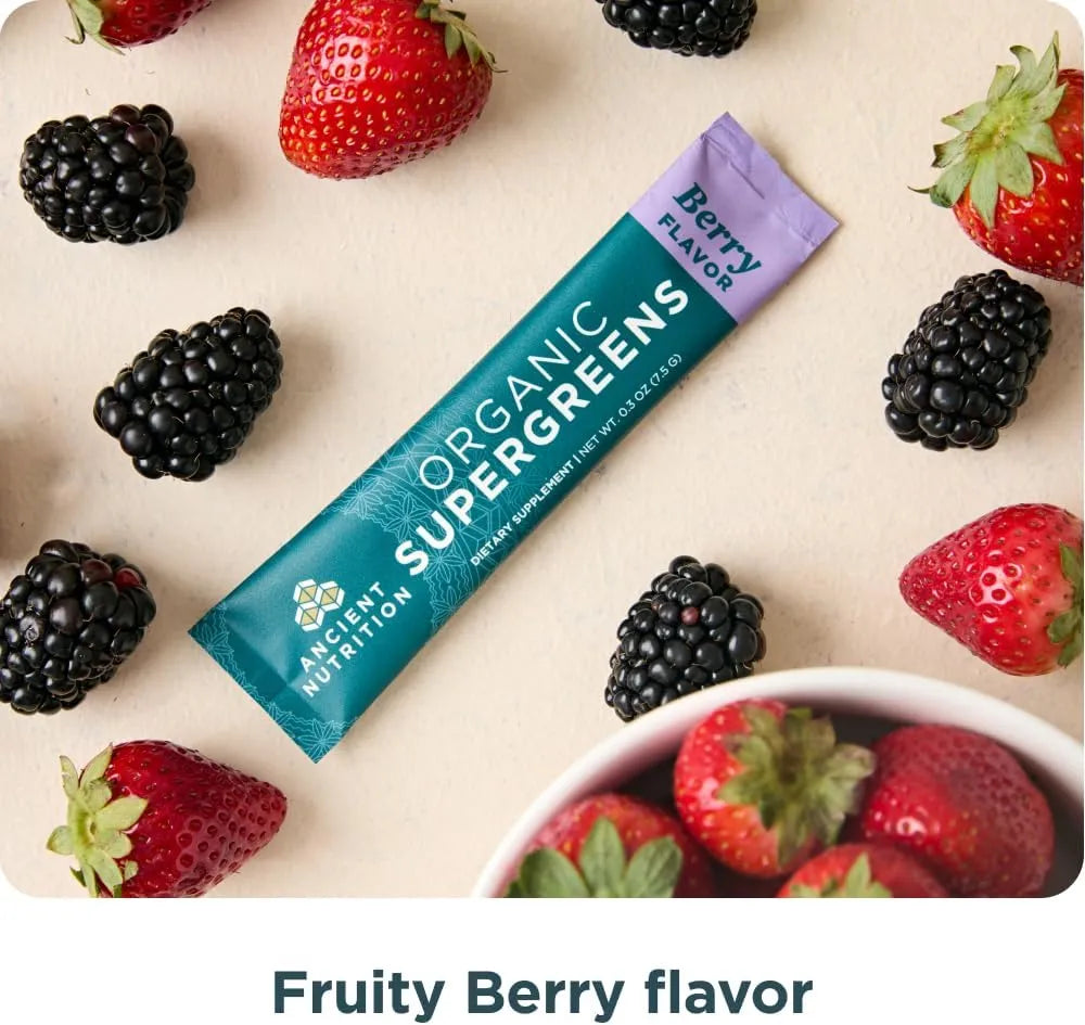 ANCIENT NUTRITION - Ancient Nutrition SuperGreens Powder with Probiotics Organic Berry Flavor 16 Paquetes - The Red Vitamin MX - Suplementos Alimenticios - {{ shop.shopifyCountryName }}