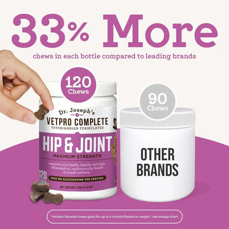 DR. JOSEPH'S - Dr. Joseph's VetPro Complete Dog Hip and Joint Chicken Flavored 120 Masticables - The Red Vitamin MX - Cuidado De Cadera Y Articulaciones Para Perros - {{ shop.shopifyCountryName }}