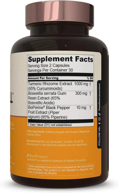 LIVE CONSCIOUS - Live Conscious CurcuWell Curcumin and Boswellia Blend 60 Capsulas - The Red Vitamin MX - Suplementos Alimenticios - {{ shop.shopifyCountryName }}