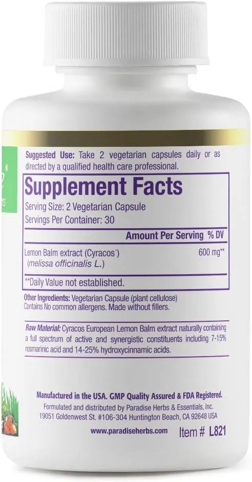 PARADISE HERBS - Paradise Herbs Lemon Balm Extract 60 Capsulas - The Red Vitamin MX - Suplementos Alimenticios - {{ shop.shopifyCountryName }}