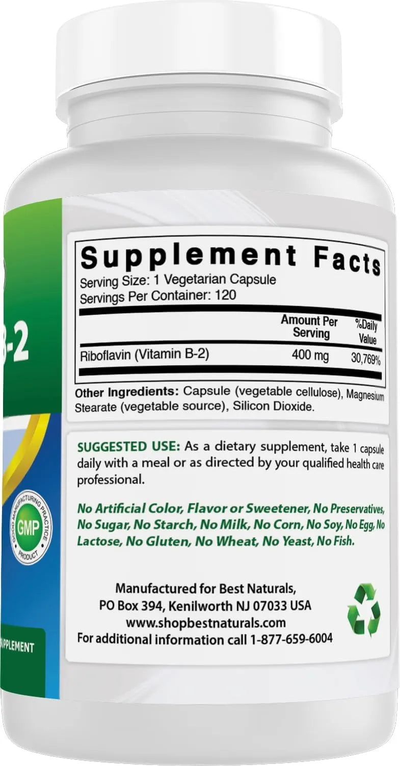 BEST NATURALS - Best Naturals Vitamin B2 400Mg. 120 Capsulas - The Red Vitamin MX - Suplementos Alimenticios - {{ shop.shopifyCountryName }}