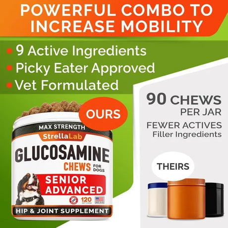 STRELLALAB - STRELLALAB Senior Advanced Glucosamine Chondroitin Joint for Dogs Bacon Flavor 120 Masticables - The Red Vitamin MX - Cuidado De Cadera Y Articulaciones Para Perros - {{ shop.shopifyCountryName }}