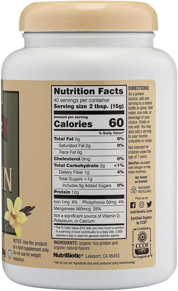 NUTRIBIOTIC - NutriBiotic Certified Organic Rice Protein Vanilla 600Gr. - The Red Vitamin MX - Suplementos Alimenticios - {{ shop.shopifyCountryName }}