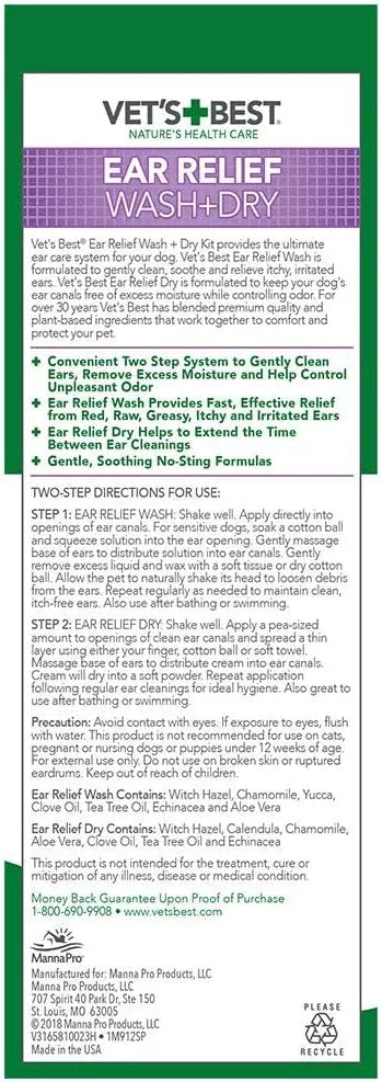 VET'S BEST - Vet's Best Dog Ear Cleaner Kit Wash & Dry Treatment - The Red Vitamin MX - Cuidado Del Oído De Perros - {{ shop.shopifyCountryName }}