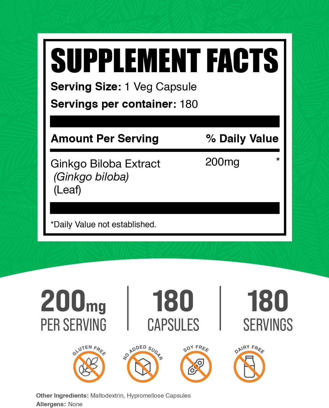 Bulk Supplements Ginkgo Biloba Extract 200Mg. 180 Capsulas