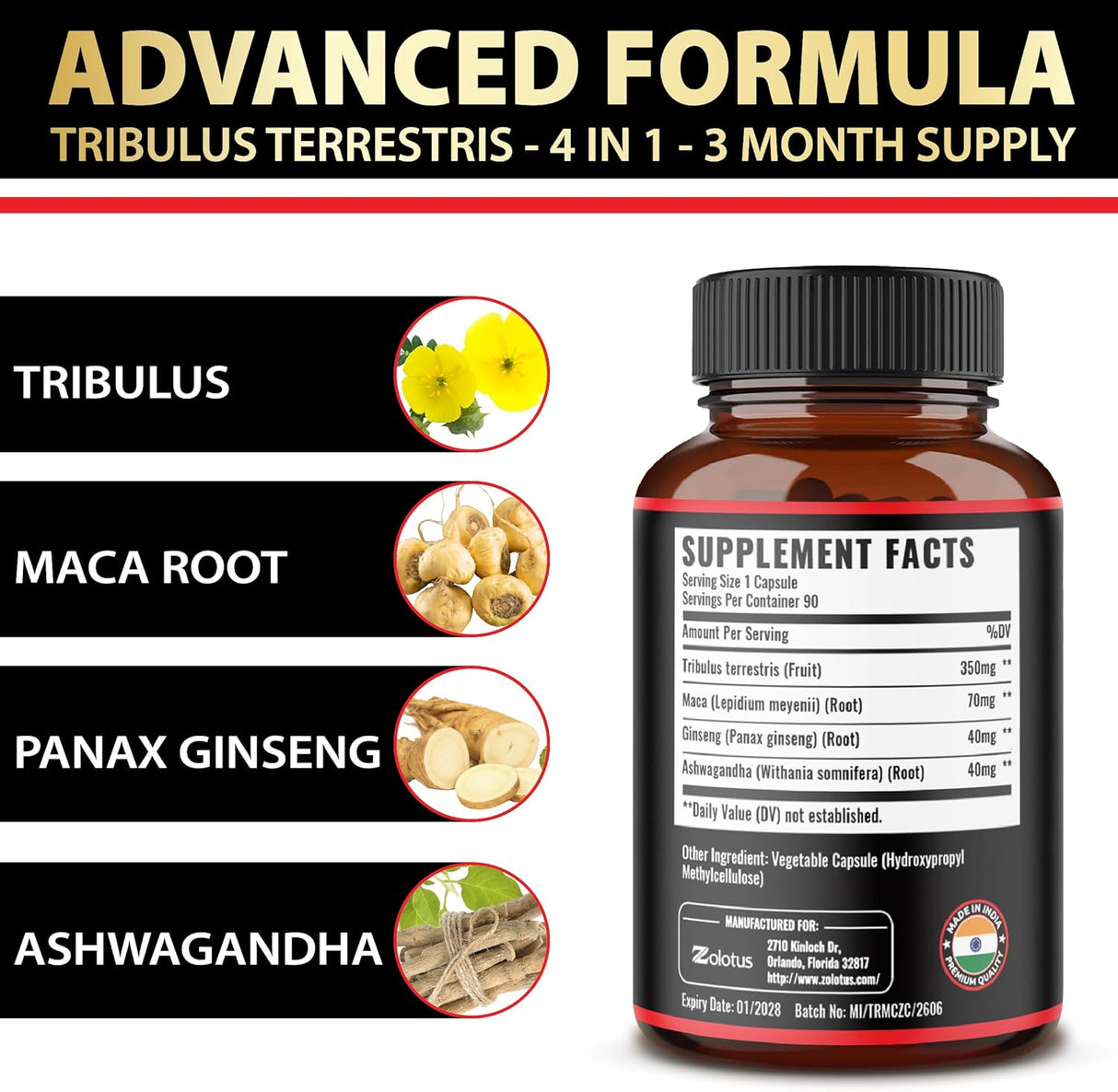 Zolotus Premium Tribulus Terrestris Maca 90 Capsulas