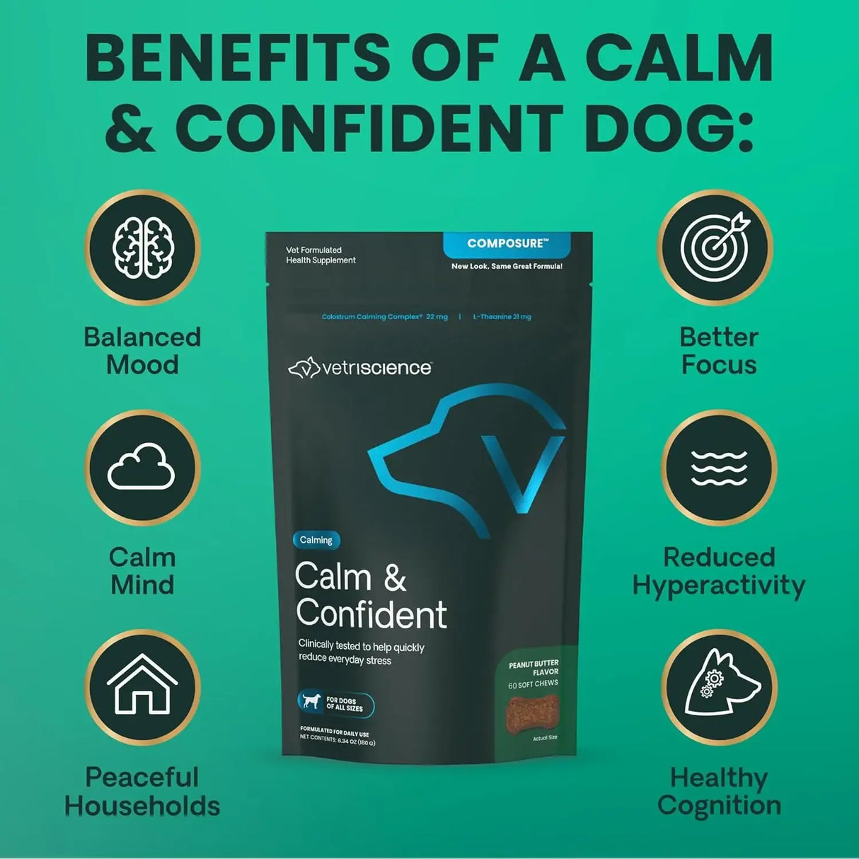 VETRISCIENCE - VetriScience Long Lasting Calm & Confident Calming Chews Peanut Butter 60 Masticables - The Red Vitamin MX - Relajantes Para Perros - {{ shop.shopifyCountryName }}