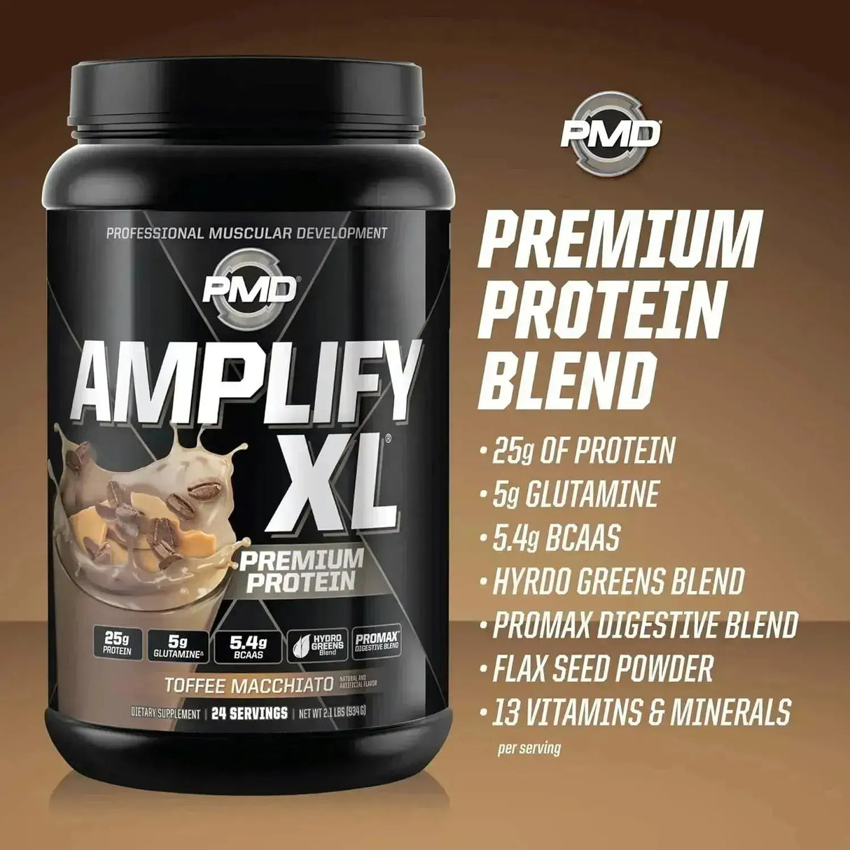 PMD SPORTS - PMD Sports Amplify XL Premium Whey Protein Toffee Macchiato 24 Servicios 934Gr. - The Red Vitamin MX - Suplementos Alimenticios - {{ shop.shopifyCountryName }}