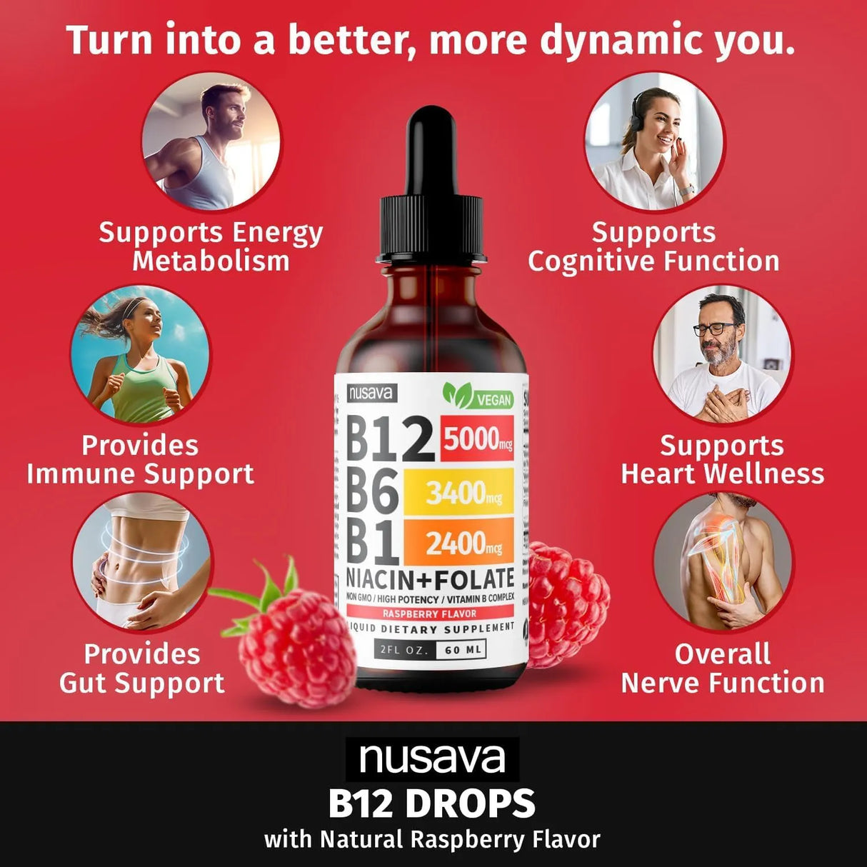 NUSAVA - NUSAVA Vitamin B12 and B6 Liquid Drops Raspberry 2 Fl.Oz. 2 Pack - The Red Vitamin MX - Suplementos Alimenticios - {{ shop.shopifyCountryName }}