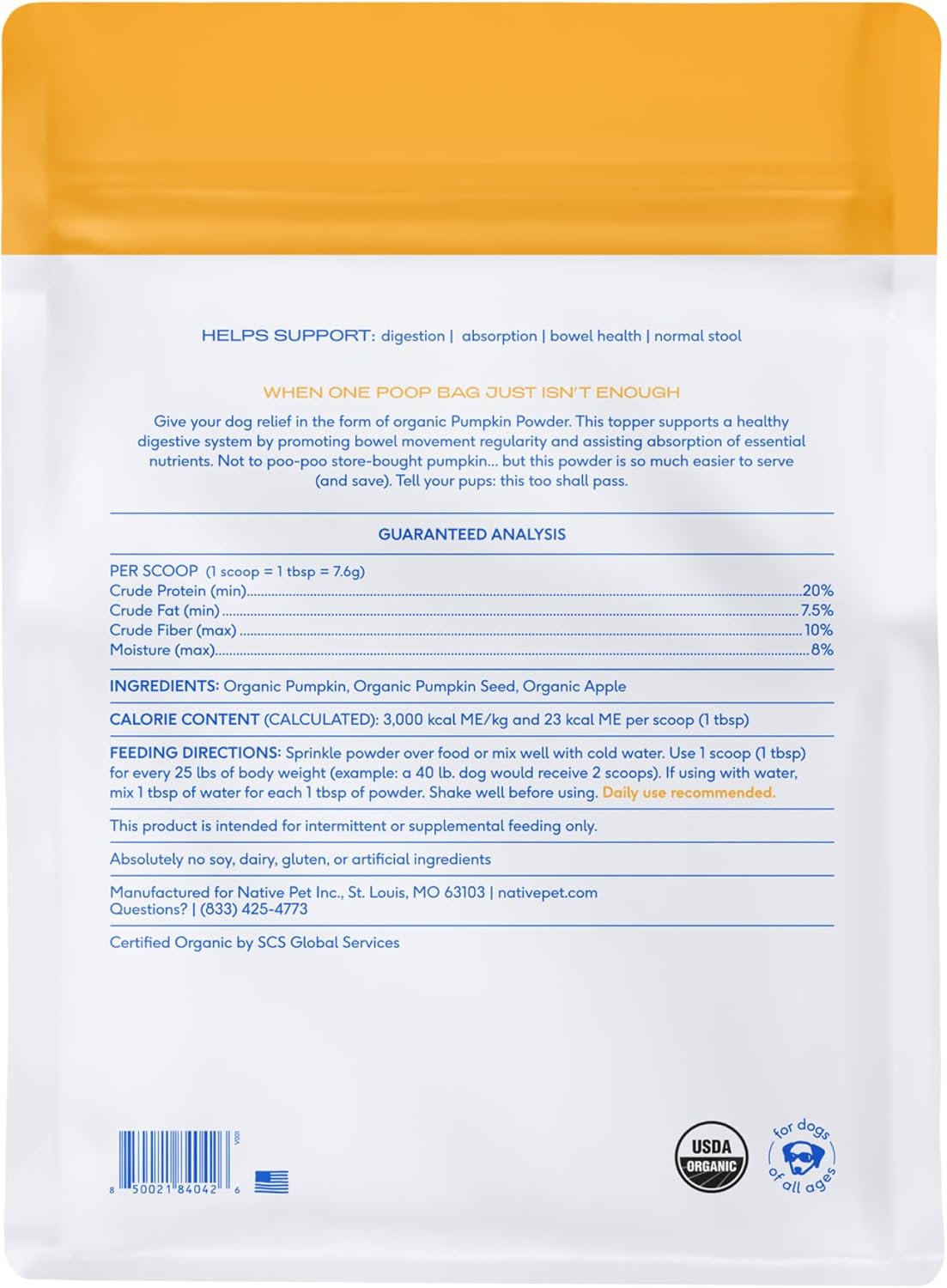 Native Pet Pumpkin for Dogs 120 Servicios 908Gr.