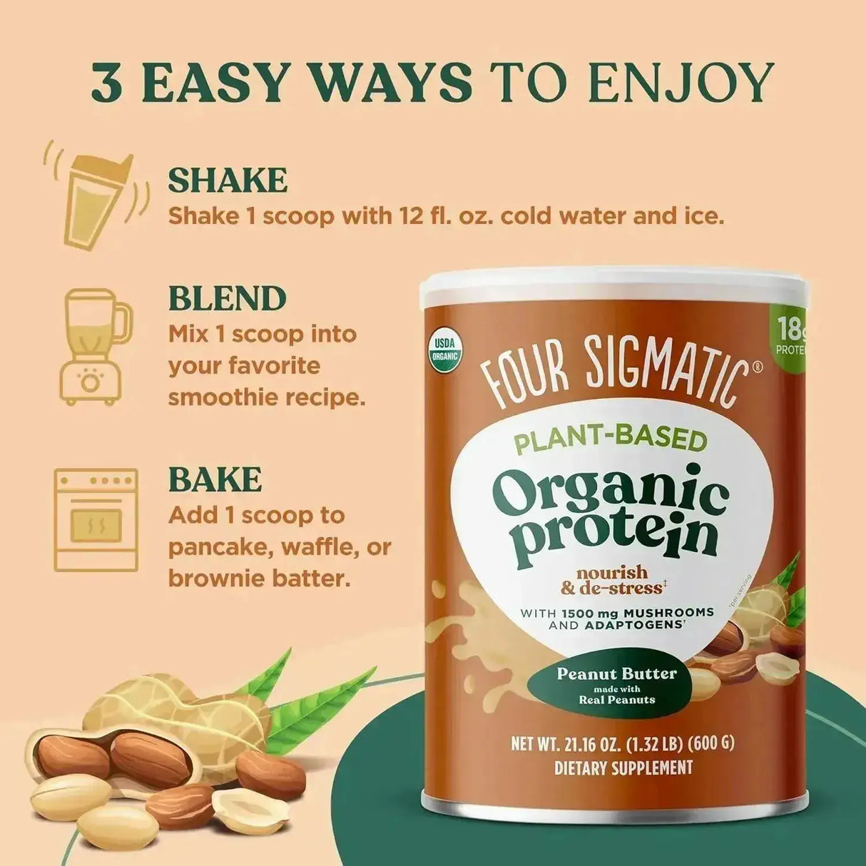 FOUR SIGMATIC - Four Sigmatic Organic Vegan Protein Powder Peanut Butter 600Gr. - The Red Vitamin MX - Suplementos Alimenticios - {{ shop.shopifyCountryName }}