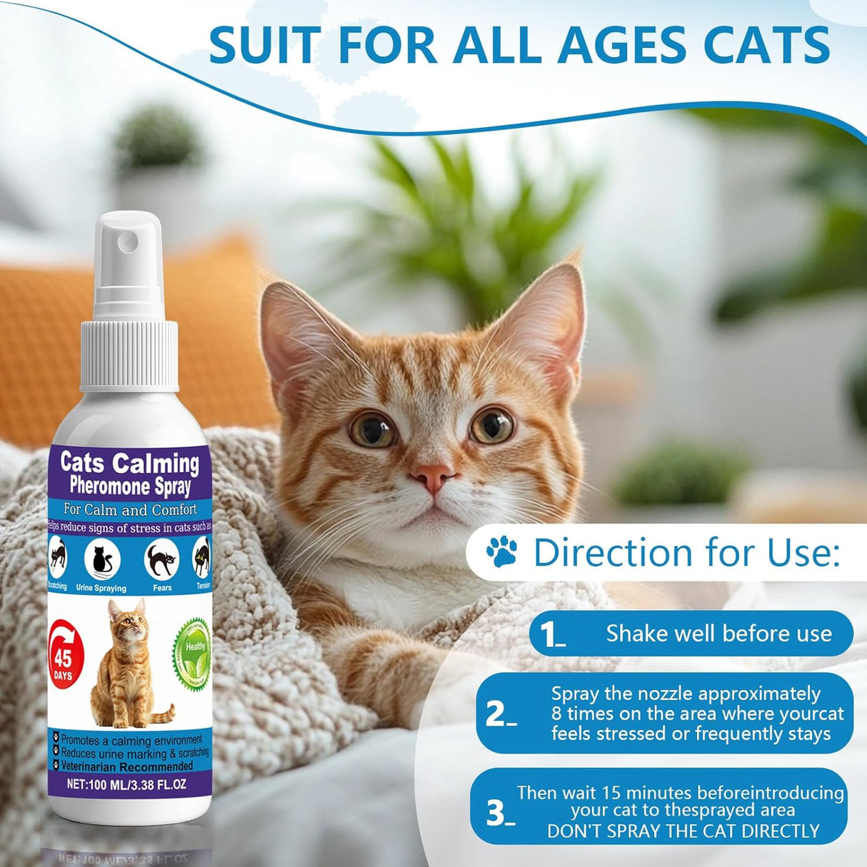 TKMTCNOP Cat Calming Pheromone Spray for Stress & Anxiety Relief 100Ml. 2 Pack