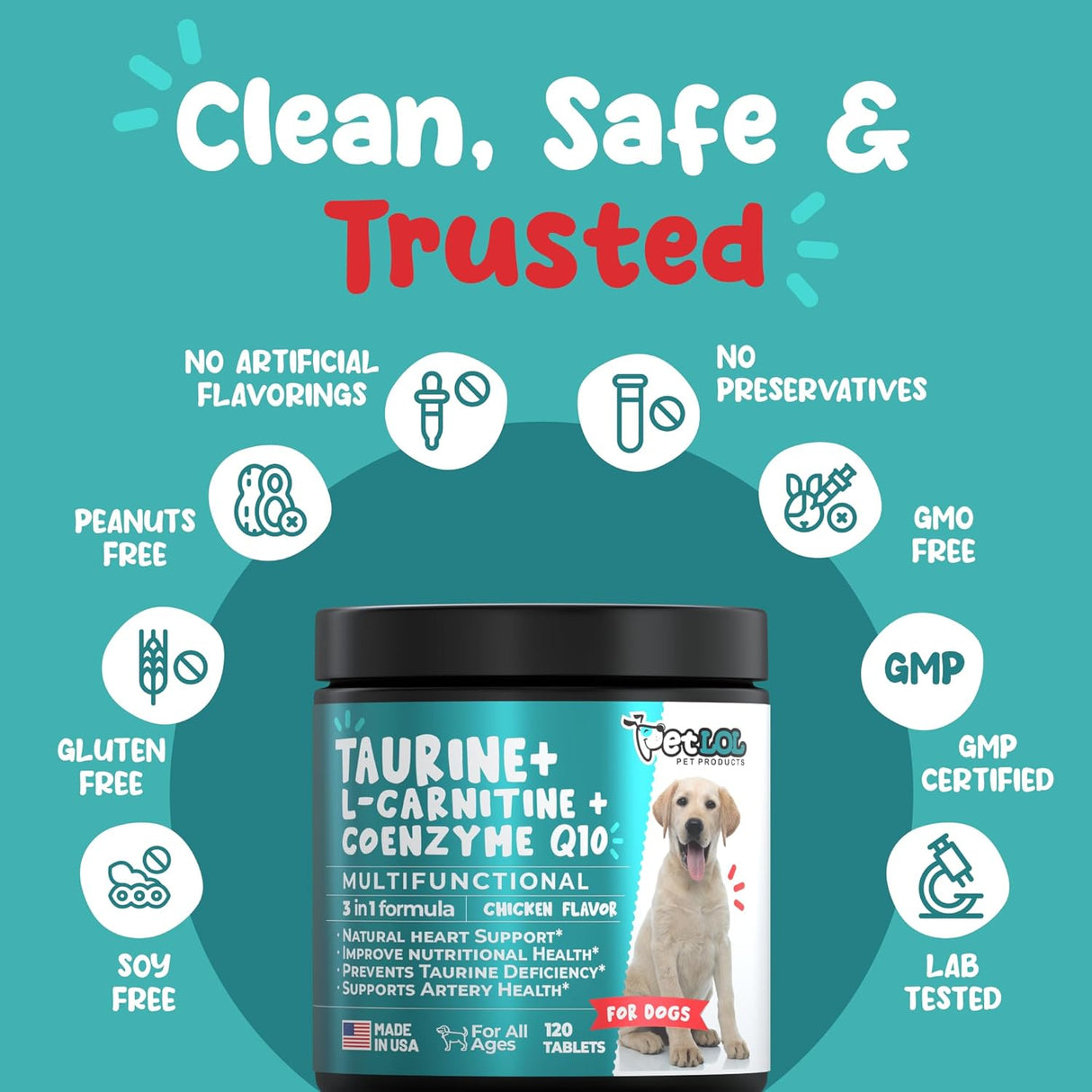 PET LOL Taurine for Dogs with L-Carnitine and Coenzyme Q10 120 Masticables